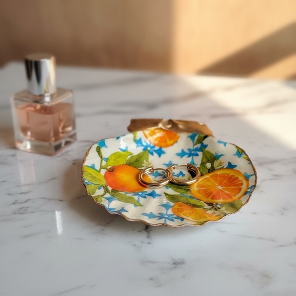 Handmade Other - Citrus Floral Trinket Dish | Scallop Shell Jewelry Dish | Coastal Decor